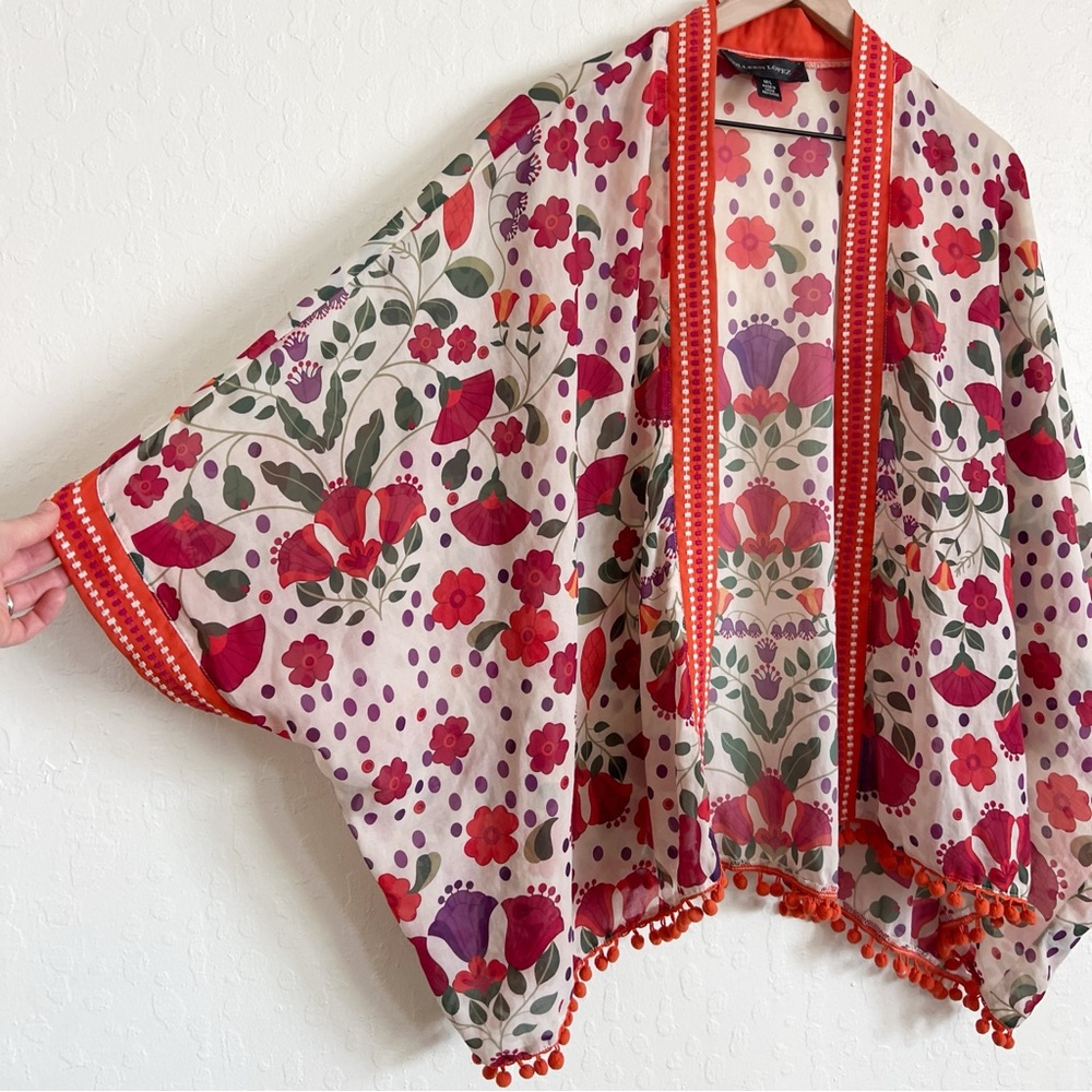 Colleen Lopez Orange Floral Embroidered Tasseled Open Front Kimono Medium/Large - Picture 3 of 6